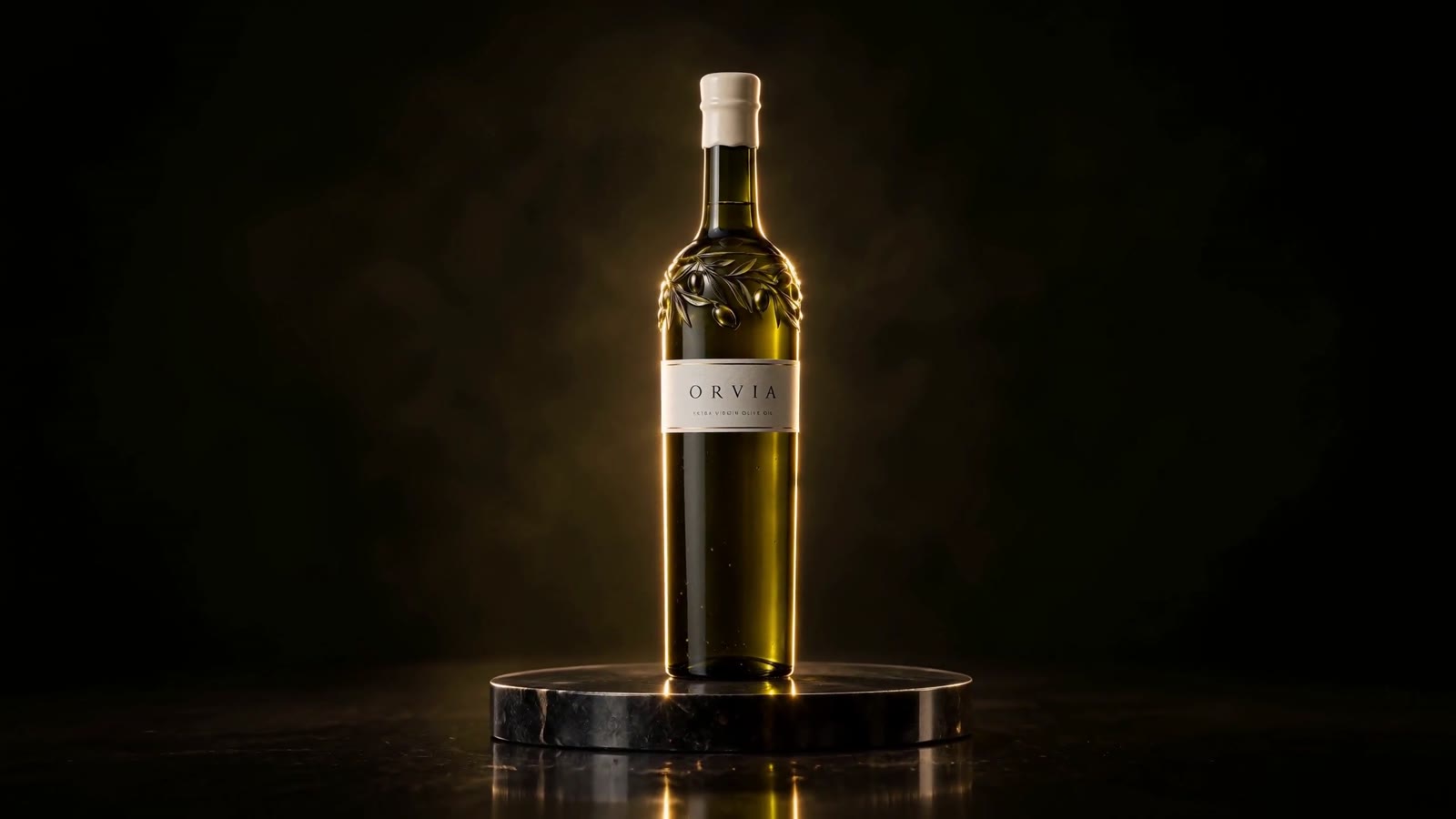 The ORVIA bottle on a basalt disc, lit gold from behind