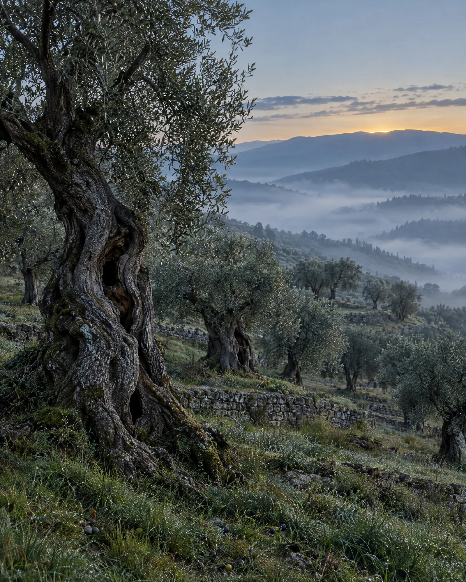 Centuries-old olive trees on dry-stone terraces at dawn